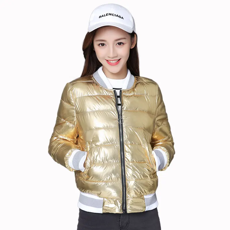 

New Autumn Silver Bright Jacket Coat Women Winter Warm Down Cotton Padded Short Parkas Bread Style Fashion Girl Bomber Outwear