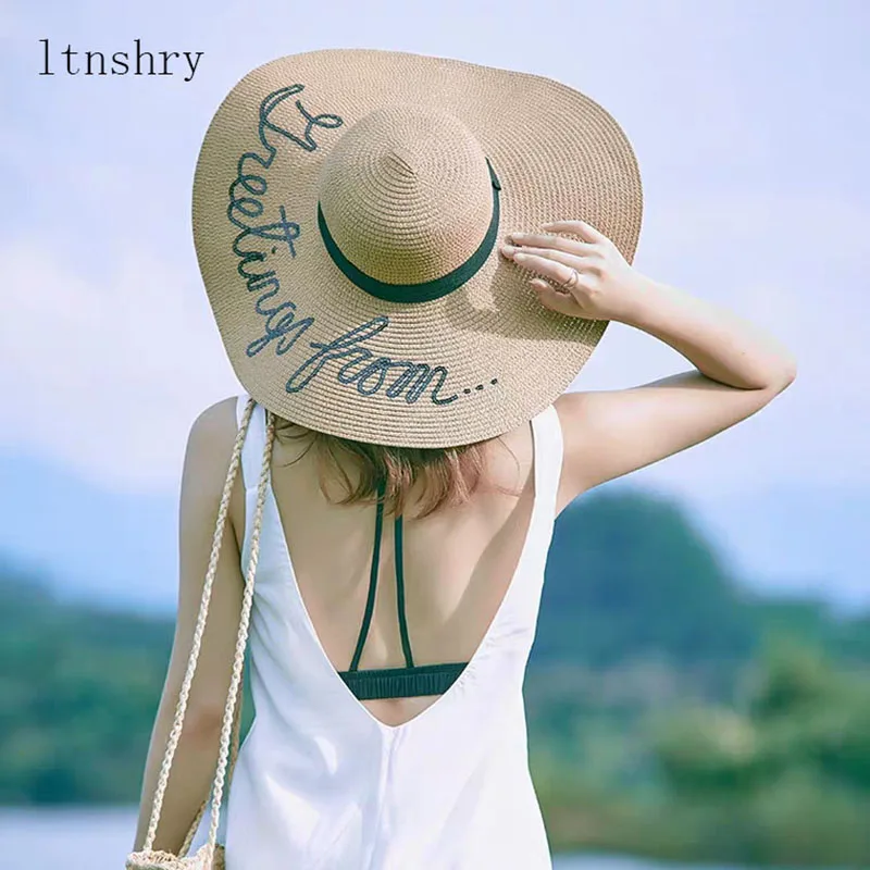 

Summer Fashion Women Sun Cap Ribbon Sequin Letter Hat Beach Casual Straw Caps
