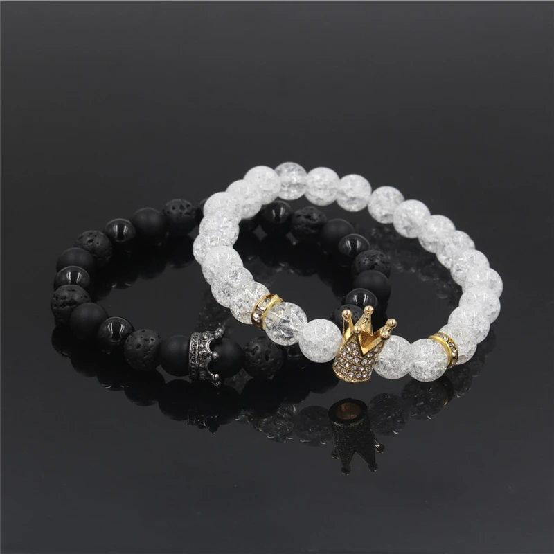 New 2Pc/Sets Natural 8/6mm Stone Beads Couple Bracelets for Women Micro Pave CZ Crown Charms Bracelet Men Jewelry Pulseras Mujer