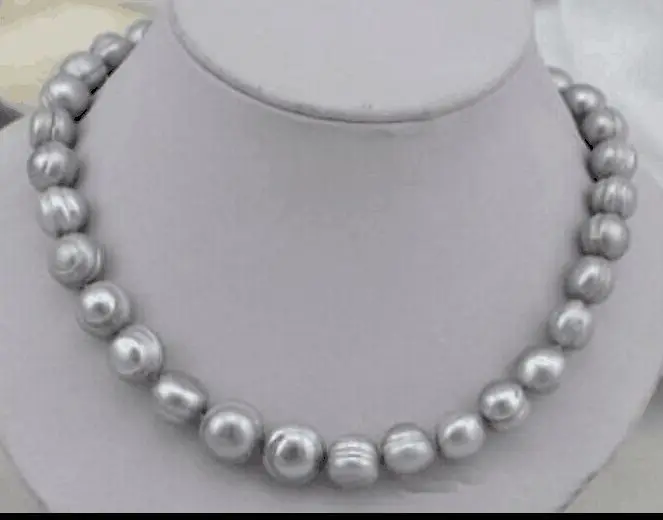

AAA12-13mm baroque silver grey pearl necklace 18inch 925silver