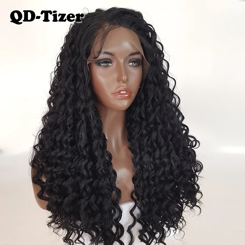 QD Tizer черный цвет кудрявые кружевные передние парики без клея с детскими волосами