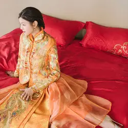 Желтый Cheongsam долго Qipao Для женщин феникс вышивка китайский традиционный свадебное платье Oriental Стиль платья невесты традиции