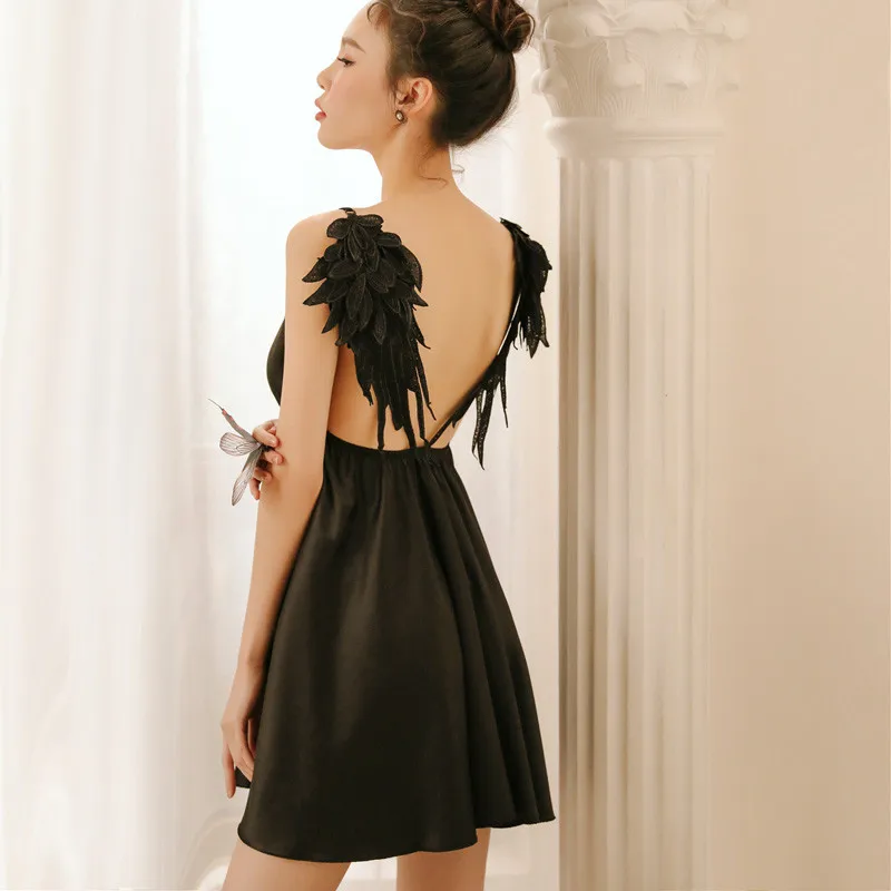 

Women Summer Angel Wings Embroidery Dress Sexy Lace splice Angel Wings Strap Dress Female Casual Slim Simulation Silk Dress