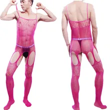 Sexy Fishnet Mesh Bodysuit Lingerie Bodysuit Sheer Lace Crotchless Full Body Pantyhose Sissy Bodystocking Sexy Men’s Underwear