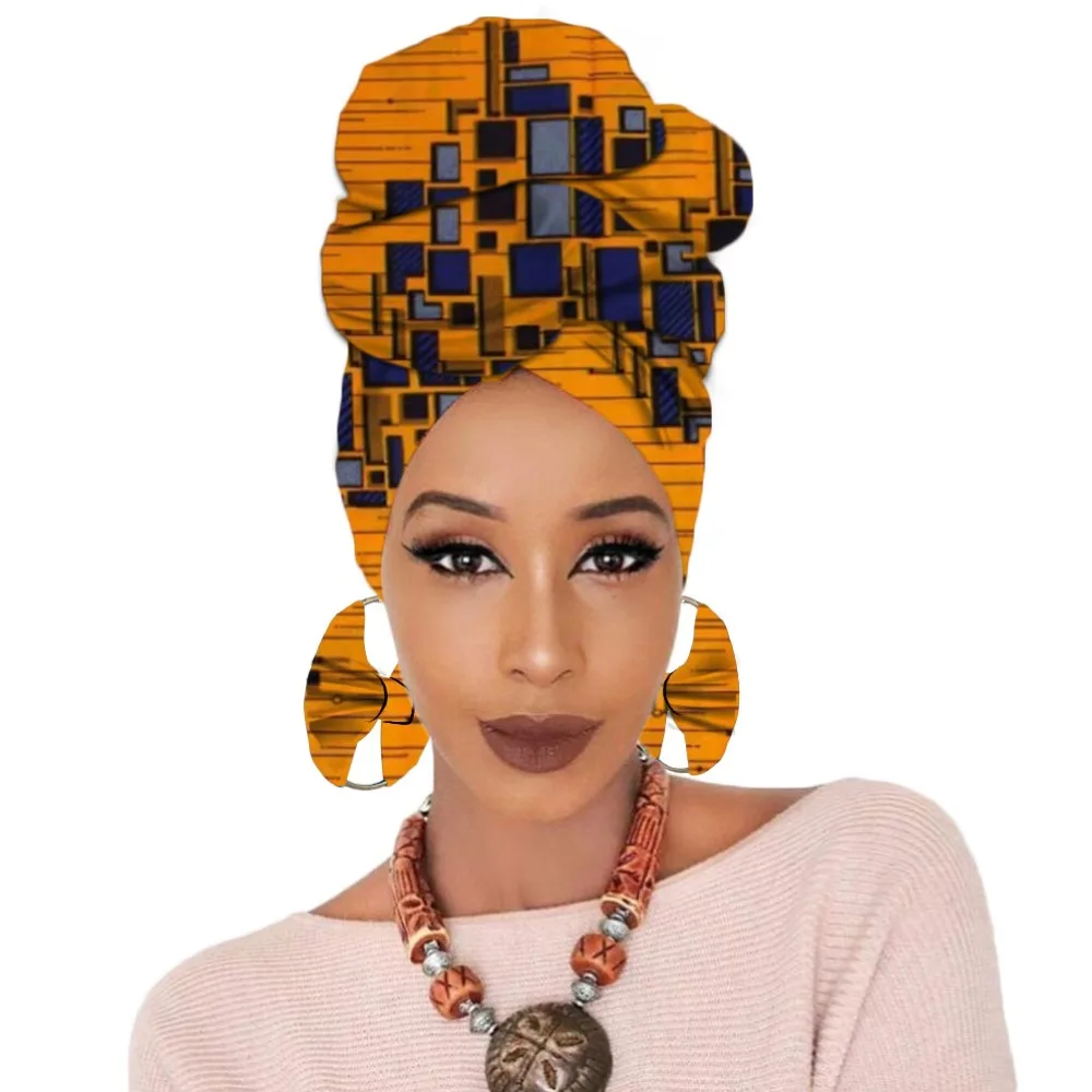 Print turban traditional African headscarf women headtie with earring (7)