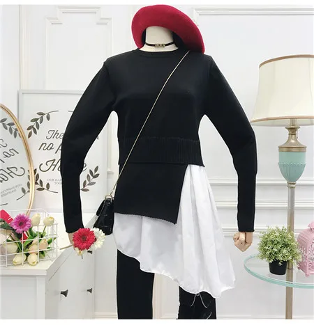 ALPHALMODA осенне-зимние женские свитера, рубашки с асимметричным подолом, лоскутные пуловеры, женские комплекты из двух предметов - Цвет: Черный