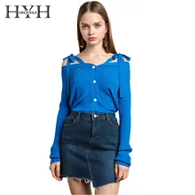 HYH HAOYIHUI Fashion Women Solid Blue Autumn Full Preppy Off Shoulder Strap Top Sweet Slash Neck Long Sleeve Button Lady Sweater