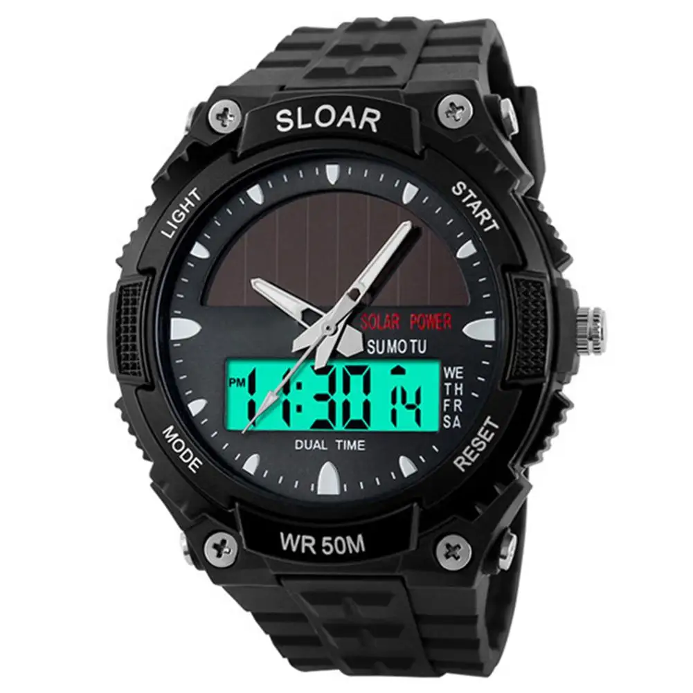 

Men Sports Digital Watch Military Electronic Wrist Watch Solar Power Dual Time Display Water Resistant Wrist Watch Relojes
