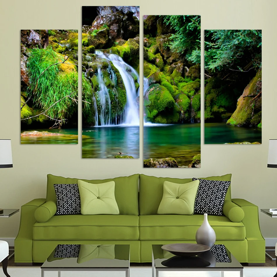 4Panel Waterfall and Green Lake, Large Top rated Canvas Print Painting