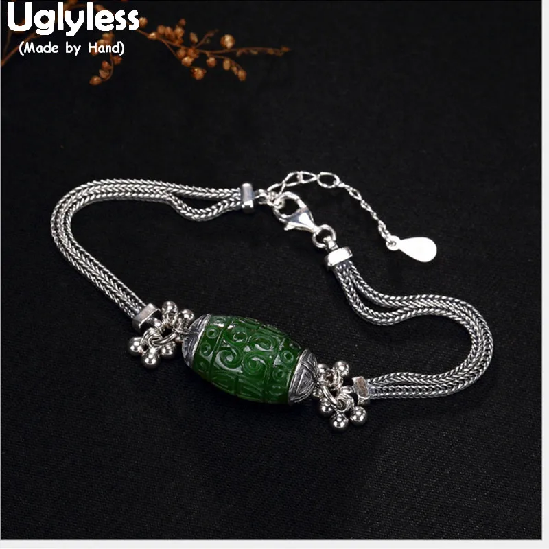 

Uglyless Real 925 Sterling Silver Jewelry Noble Jasper Bead Bracelets Carved Vintage Patterns Bracelet Double-layer Chain Bijoux