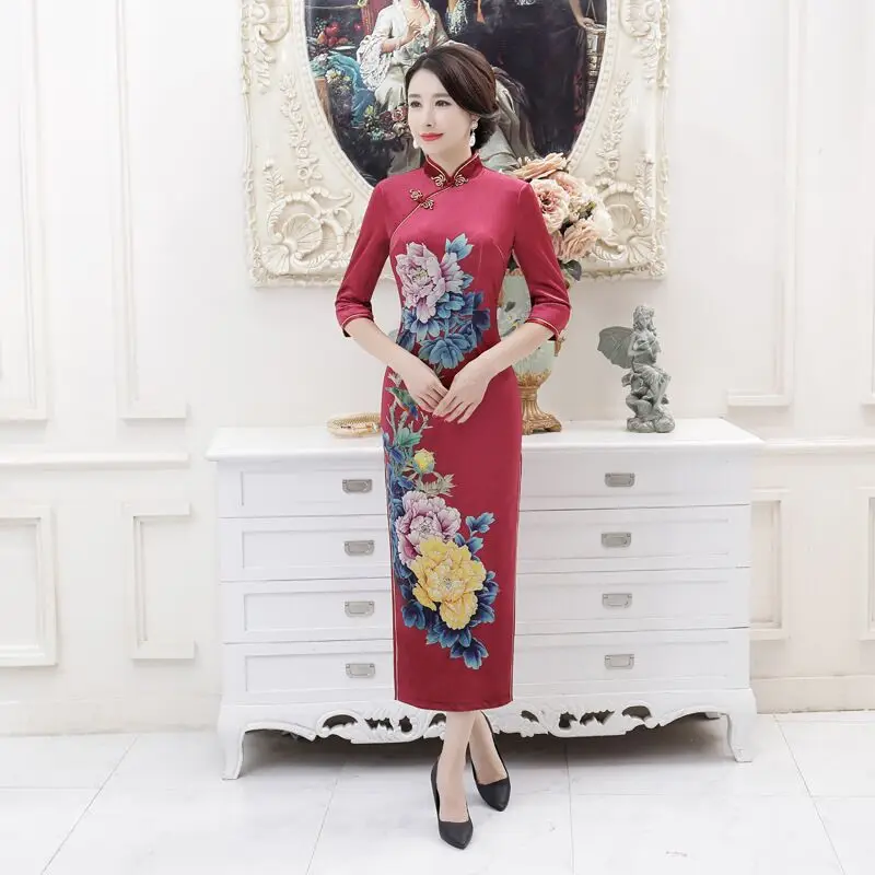 Новое поступление, женское велюровое длинное платье Cheongsam, модное платье в китайском стиле, элегантное платье Qipao Vestido, Размеры S M L XL XXL XXXL 4XL T0043 - Цвет: T0051