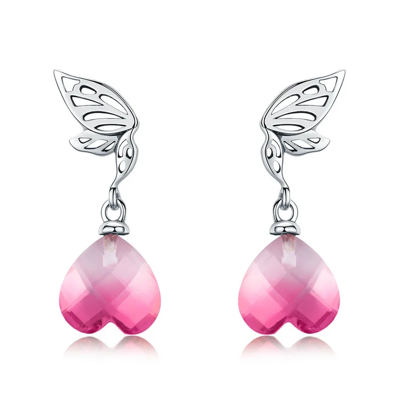 

NEW WOSTU Stud Earrings 100% 925 Sterling Silver Wings of Pink Heart Designer Earrings Luxury Fashion Jewelry for Women BNE015