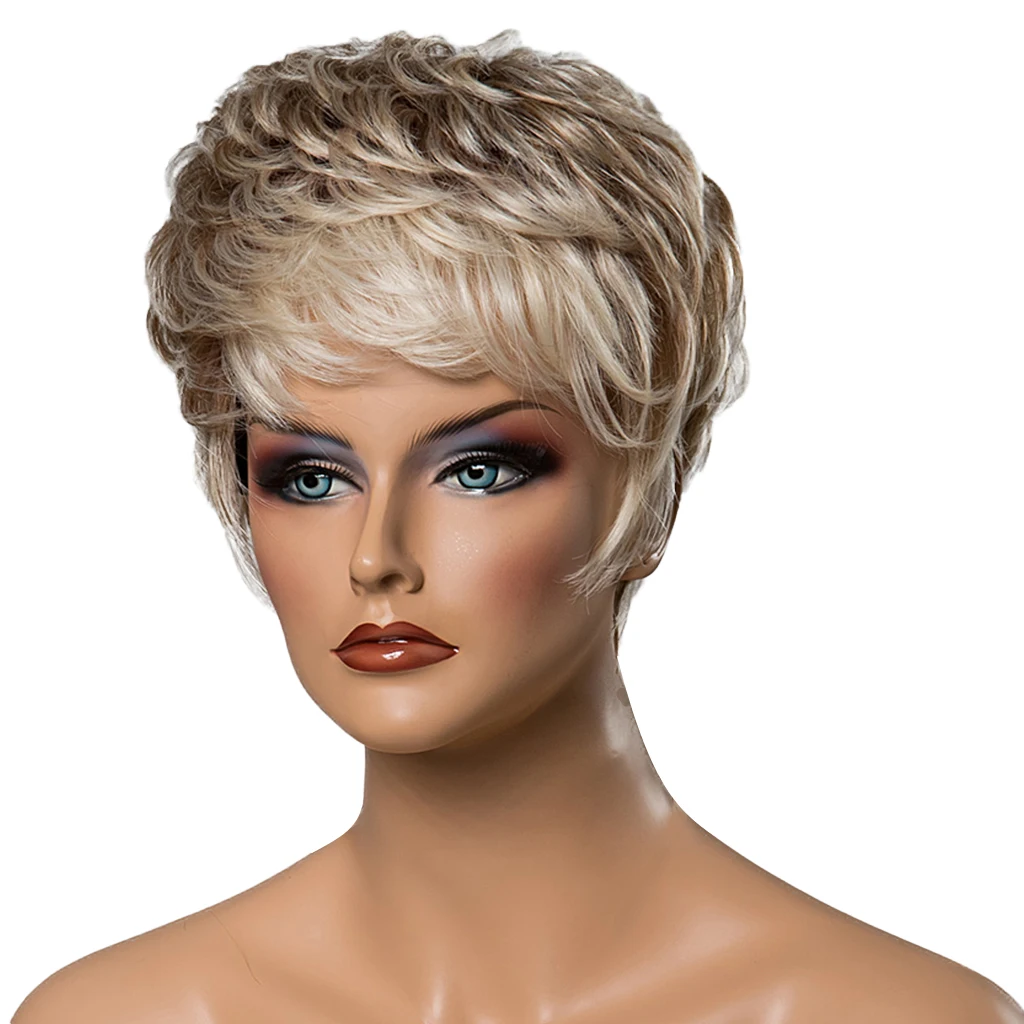 

Short Human Hair Wigs Fringe Blend Layered Oblique Bangs Hairpieces & Heat Resistance