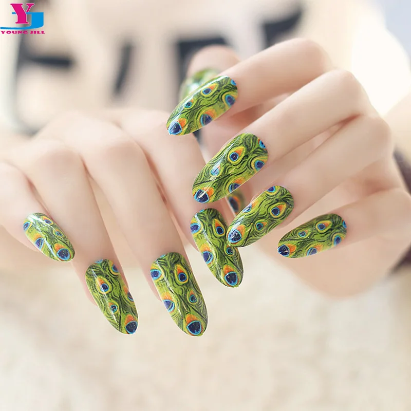 

Top Quality Stiletto Fake Nails Acrylic Nail Tip Glitter False Nail Art Peacock Unhas Postizas Women DIY Manicure Set Decoration