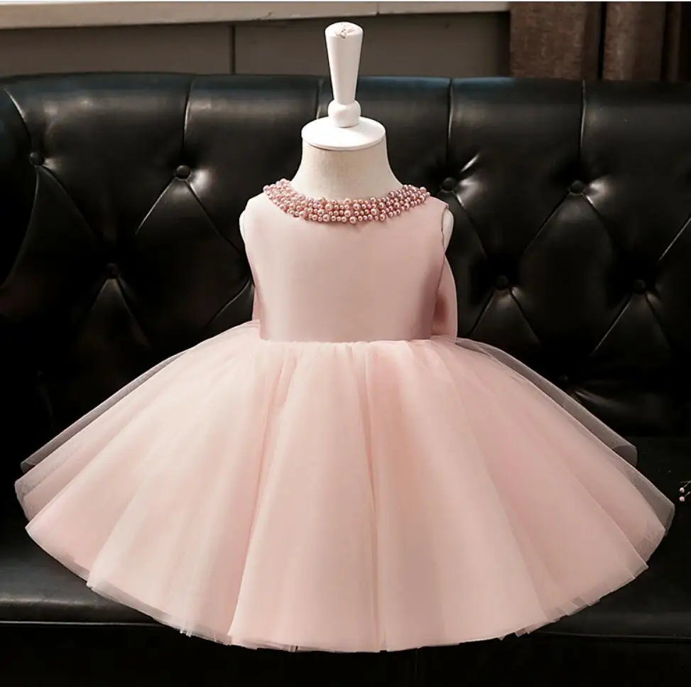  Newborn Baby Girls Baptism Dresses for 1 Year 1st Birthday Beaded Pink Tulle New Born Princess Chri