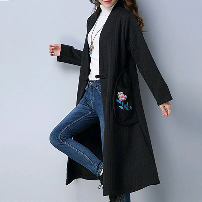 Новая Осенняя зимняя одежда Женская Ретро ветровка большого размера свободная с пряжкой из хлопка и льна длинная Весенняя женская куртка X317
