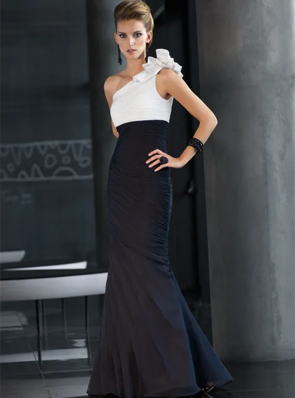Classical formal black and white evening dress one shoulder elegant long women party dresses