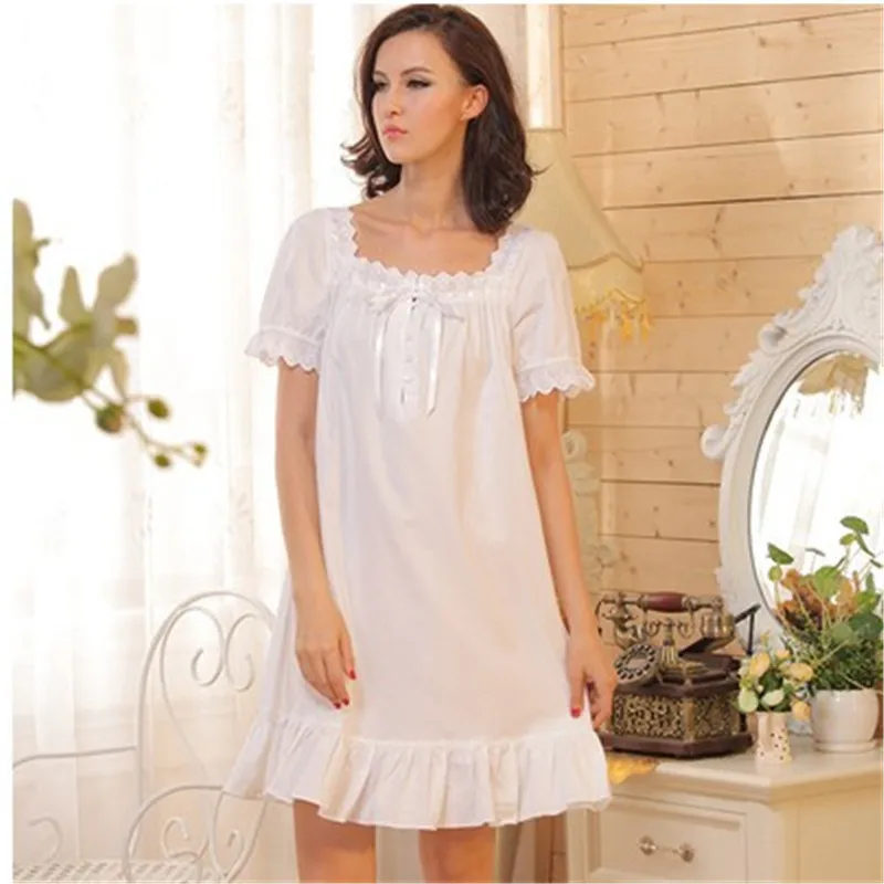 Fashion Princess Women font b Nightgowns b font Cotton Sleepwear White Square Collar Nightdress Ladies Lounge