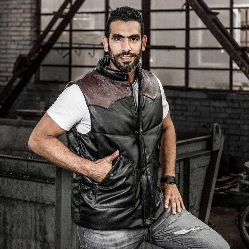 Reviews Read Description! Asian size super quality Cow skin vest men's cowhide leather vest mens duck feather down warm vest A5-1