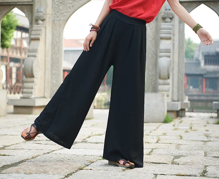 LZJN 2019 Spring Summer Culottes Pants Vintage Cotton Linen Pants Loose Full Length Trousers Women Wide Leg Pants White 3 Colors (38)