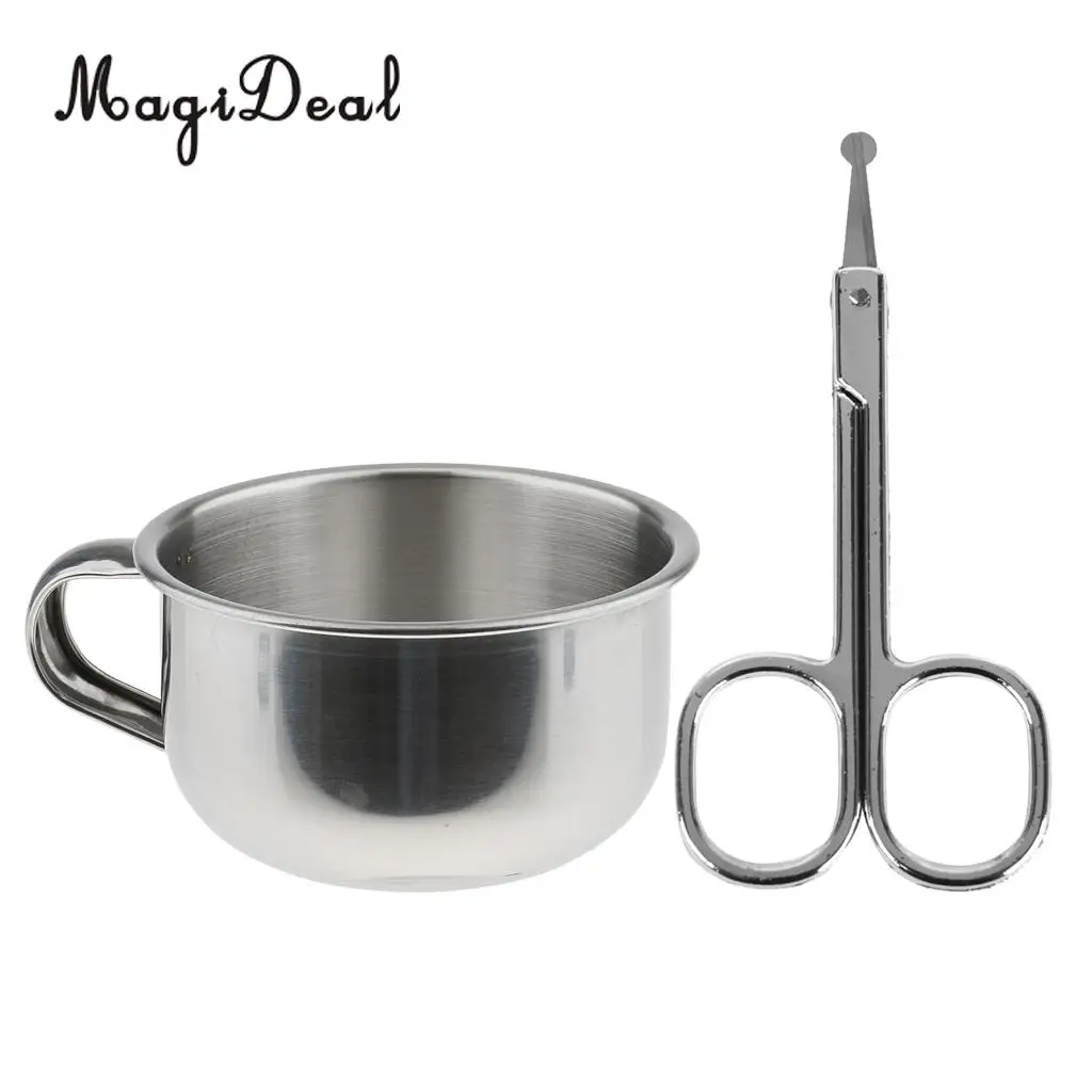 Men Beard Shaving Mug Cup Bowl + Eyebrows Eyelashes Nose Ear Facial Hair Scissors Trimming Set