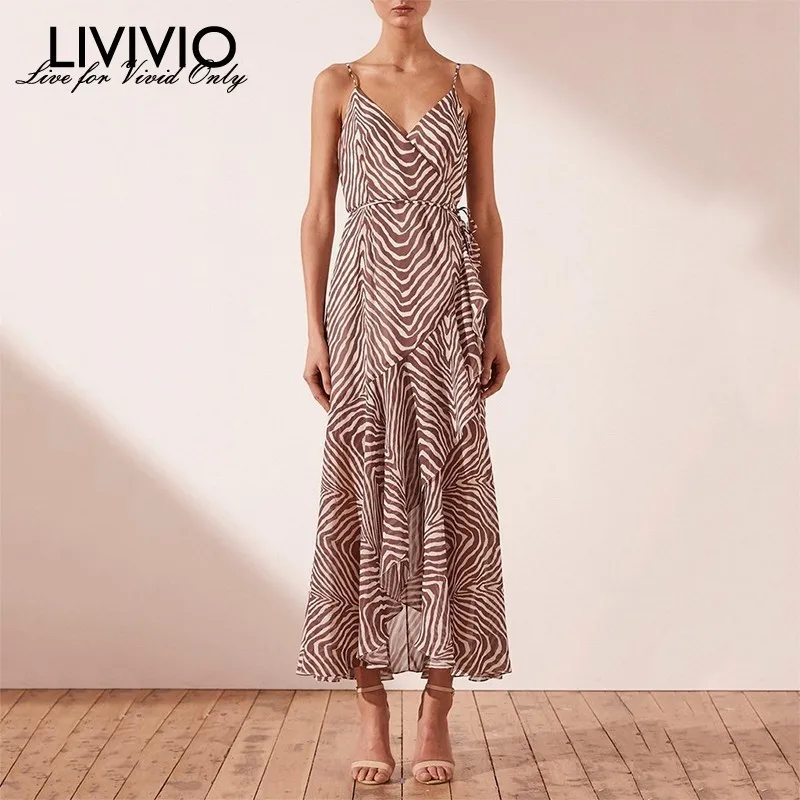 

[LIVIVIO] Vintage Striped Sleeveless Women Dress Strap V Neck High Waist Bandage Midi Dresses Female Fashion Summer 2019 New