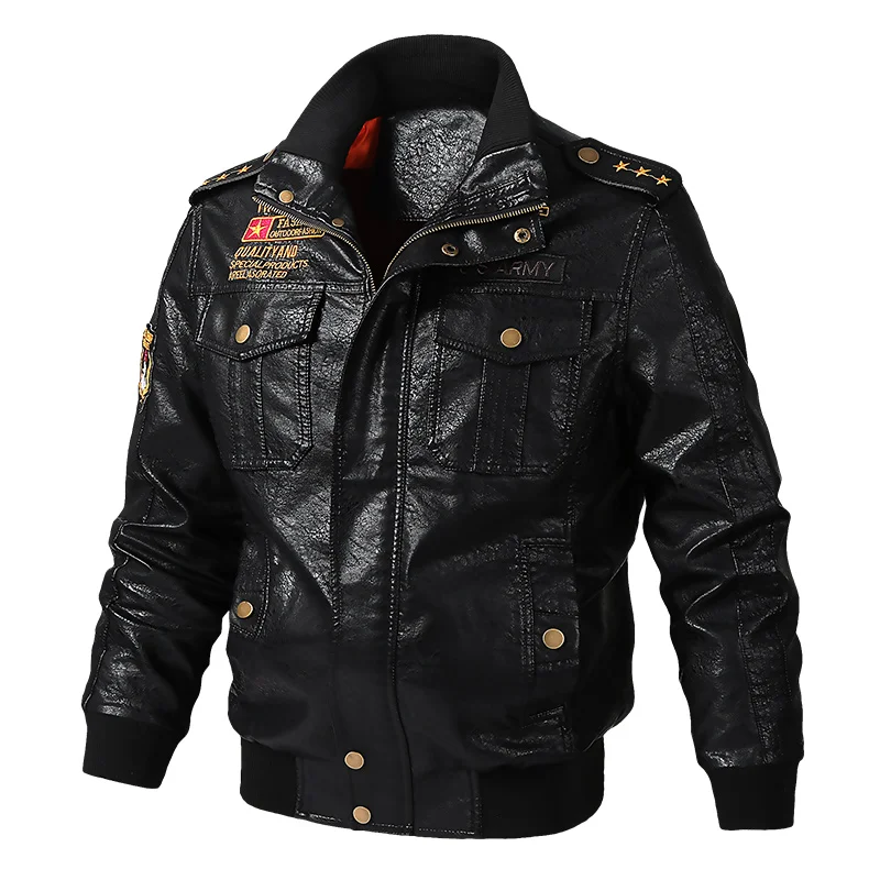 KENNTRICE Весенняя винтажная кожаная куртка для мужчин с вышивкой в стиле милитари, куртка-бомбер из искусственной кожи, пальто пилота, большой размер 5XL 6XL - Цвет: Black