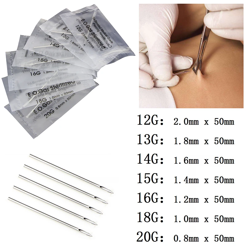 10/20PCS Disposable Mixed Sterile Body Piercing Needles Ear Nose Piercing Needles Navel Nipple 12/14/16/18/20G