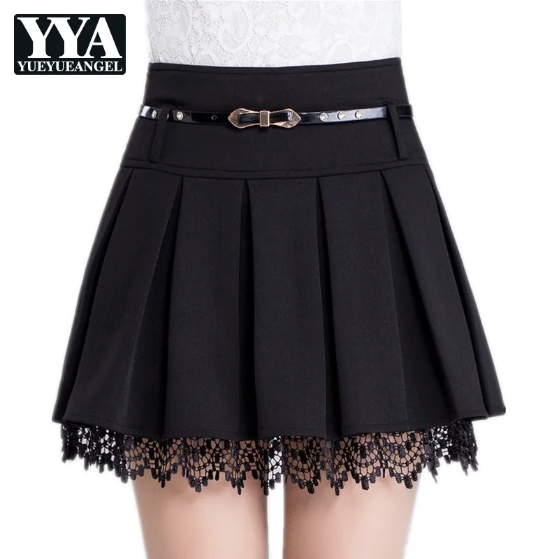 Черная юбка офисная весна осень Высокая талия плиссированные женские юбки Элегантная Модная Корейская кружевная короткая юбка плюс размер 3XL