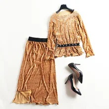 Velvet beading pleated 2 piece skirts suits new brand runway high quality women autumn elastic waist skirt and slim shirt suits