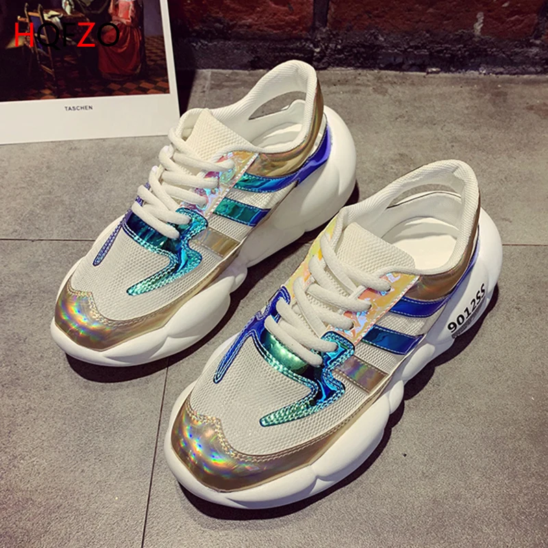 

HQFZO Bling Air Mesh Women's Platform Sneakers Breathable Casual Summer Women Running Chunky Open Heel Sneakers