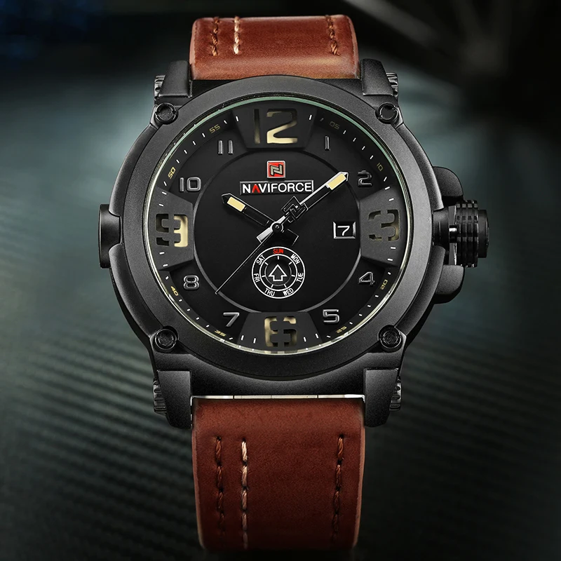 2019 New Fashion Men's Sports Watches NAVIFORCE Military Quartz Wrist Watch Men Leather Waterproof