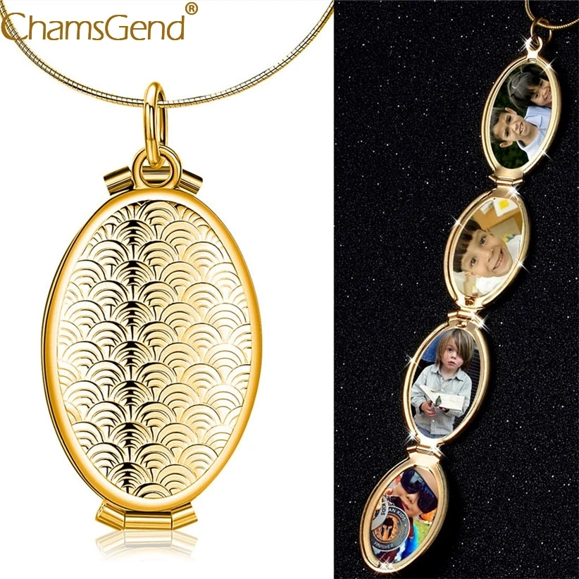 

1pc Women Chic Necklace Pendants Fish Scale Oval Locket 4 Slot Photo Frame Pendant Jewelry Gift 90508