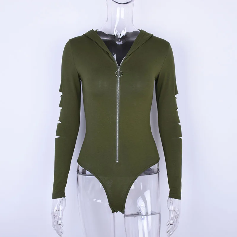 white body suit Dulzura long sleeve hooded  sexy cut out bodysuit 2018  autumn winter women zipper army green white solid hoodies female body sequin bodysuit