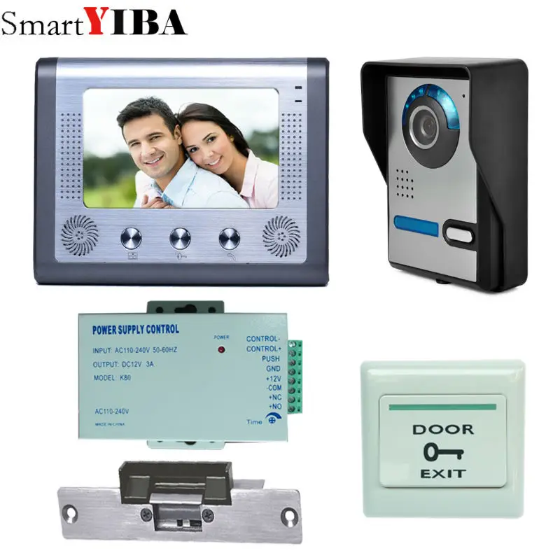 

SmartYIBA Wired Visual Video Night Vision Doorbell Door Intercom Doorphone 7"Monitor IR Camera+NO Lock Exit Button+Power Supply