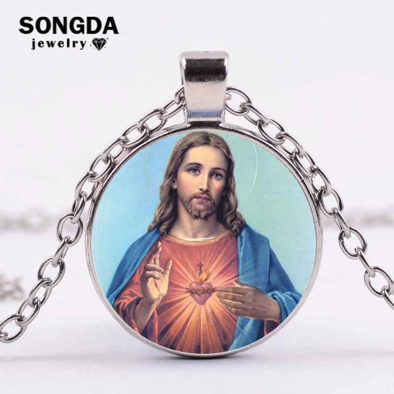 

SONGDA Commemorate Jesus Holy Christian Statement Necklace Glass Gem Pendant Long Necklace for Women Men Cross Religious Jewelry