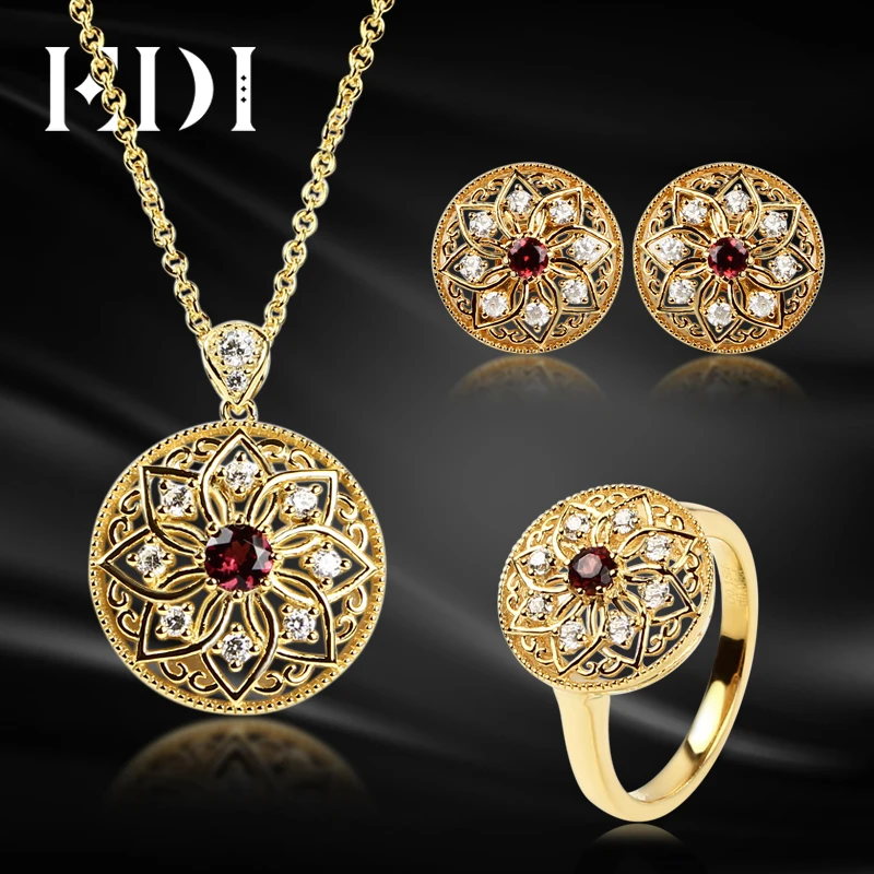 EDI European Trendy Natural Garnet Ring Gemstone 925 Sterling Silver Earrings Pendant For Women Anniversary Jewelry Sets
