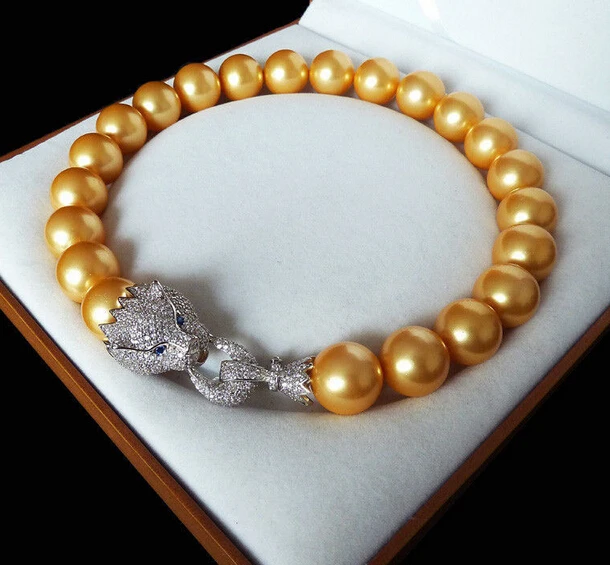 

HOT 20mm gold yellow shell pearl inlay zircon leopard head LUXURY necklace