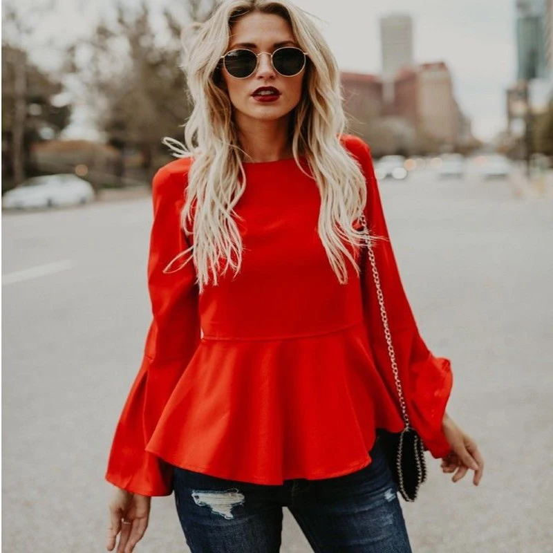 

Fashion Summer Spring Newly Casual Women Long Flare Sleeve O-Neck Pullover Solid Ruffles Shirt Tops Slim Elegant Tops 2 Colors