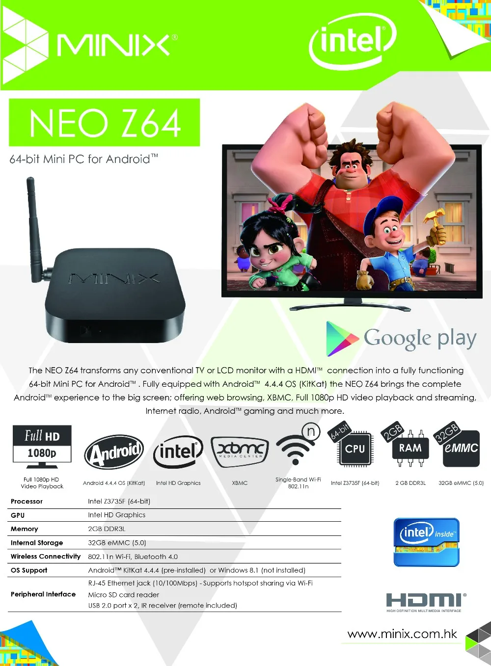 MINIX Neo Z64A Android ТВ приставка смарт-бокс IntelZ3735F(64 бит) 2 Гб/32 ГБ HDMI1.4 802.11n WiFi BT4.0 2G/32G плеер 1080P ТВ приставка