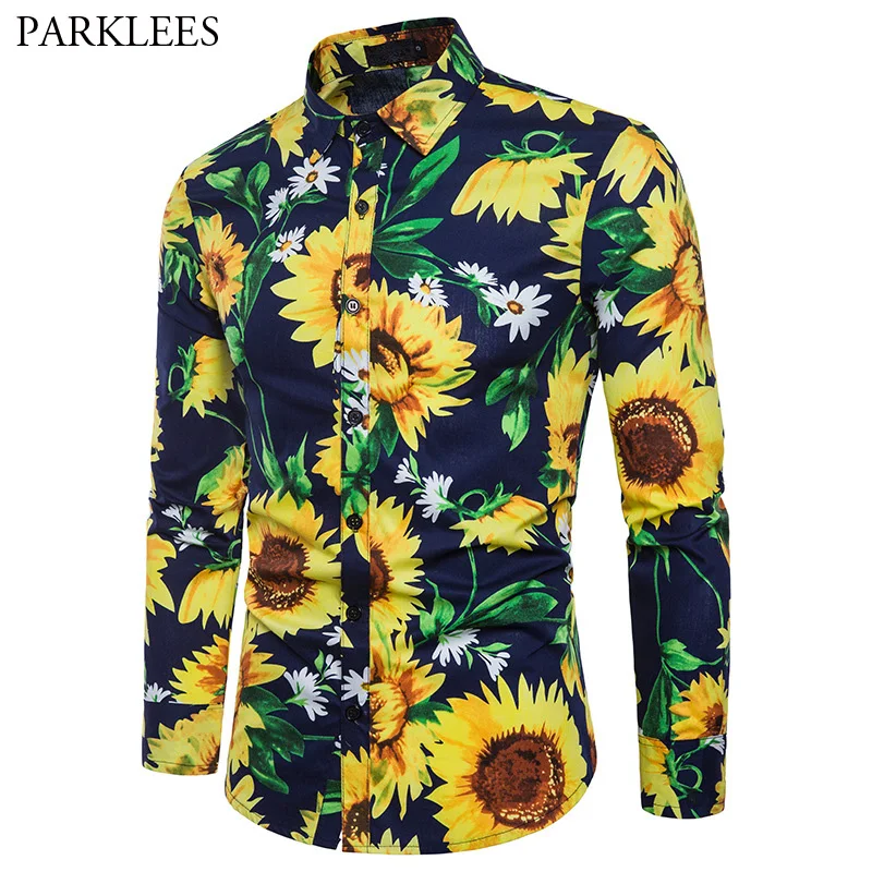 Stylish Sunflower Print Floral Shirt Men Slim Fit Long Sleeve Mens Dress Shirts Casual Men