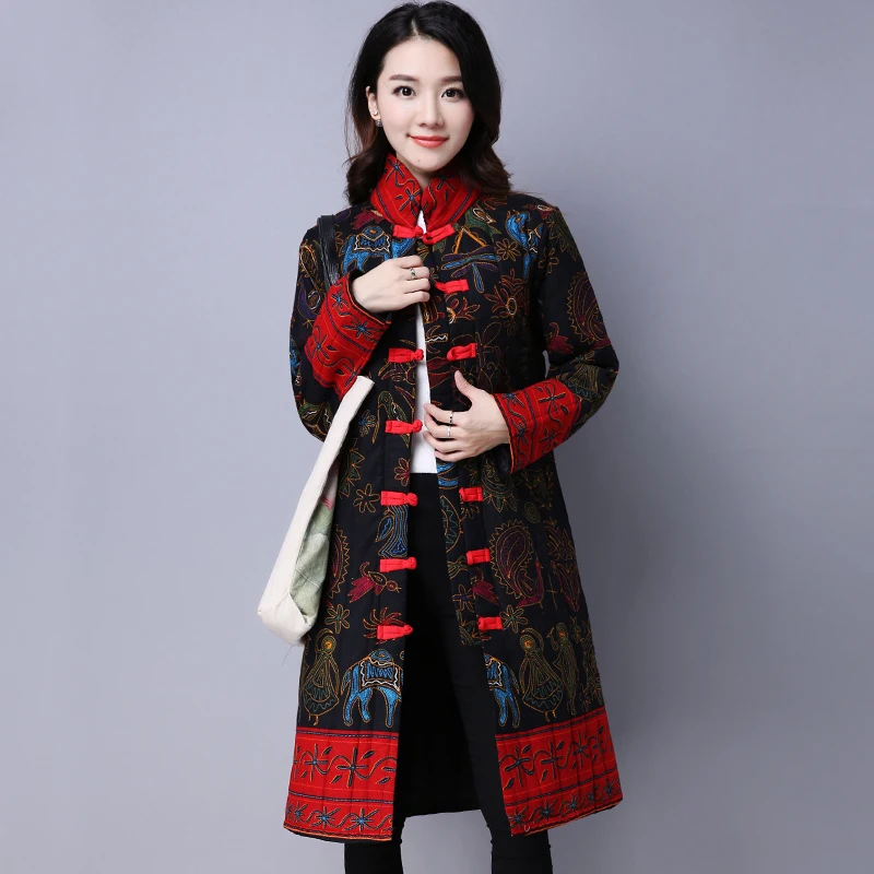 Женское пальто в китайском стиле хлопковое Свободное с воротником стойкой и
