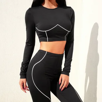 

XUANCOOL 2018 Fashion Sportswear Tracksuit Women Set Line Printed Crop Top Long Sleeve+Long Pants Outfits Two Piece Suits