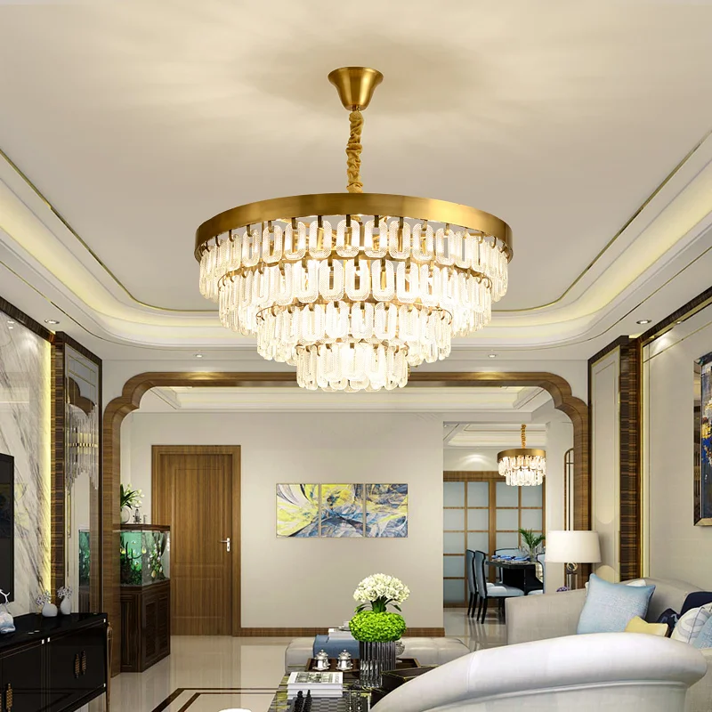 

LED K9 Crystal Chandelier Suspension Lighting Luminaires Hanging Lustre for Restaurant Crystal American Style Lamp E14 Gold