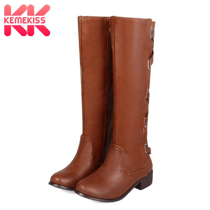 

KemeKiss Plus 33-50 Women Boots Cross Strap Buckle Winter Knee Boots Platform Round Toe Fashion Shoes Women Warm Fur Footwear