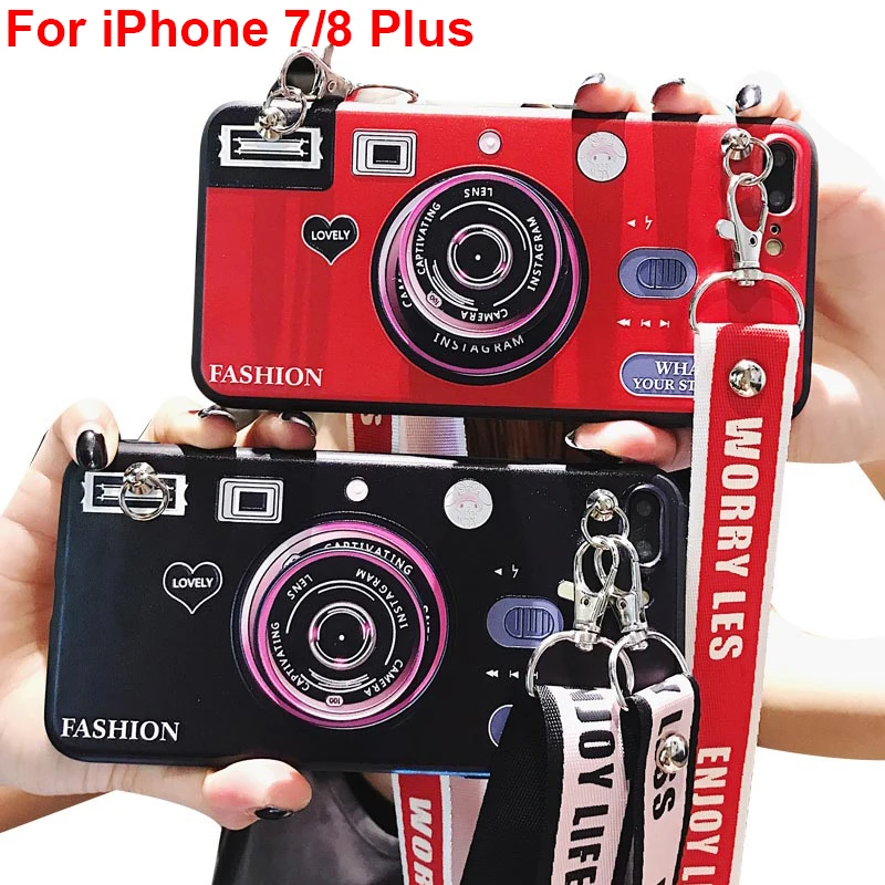 

For iPhone X Retro Camera Air Bag Mobile Phone Bracket IMD TPU Cases For iPhone 6 6s 7 8 Plus Retractable Lanyard Neck Rope case