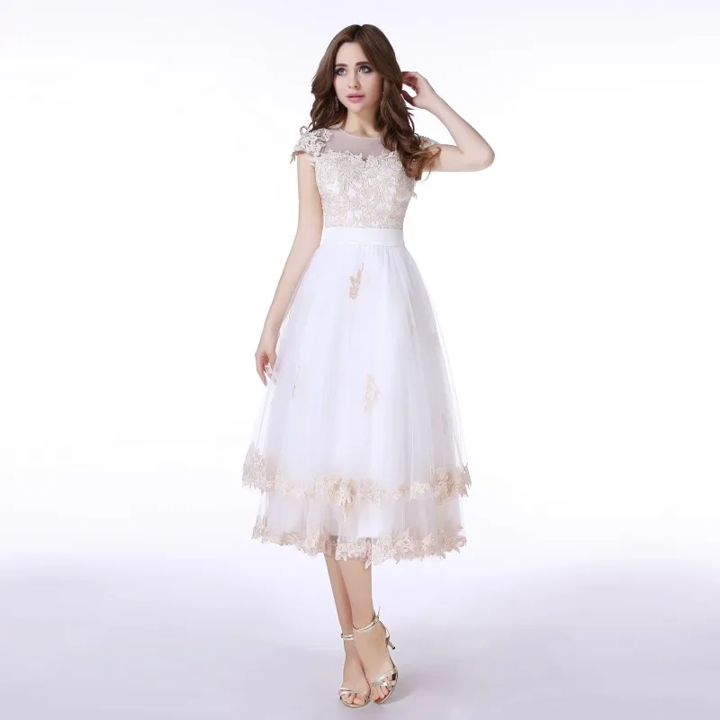 

Prom Gown Dresses Real Photo Tea Length Cap Sleeve White With Gold Lace Prom Dress For Graduation Plus Size Vestido Rojo De Gala