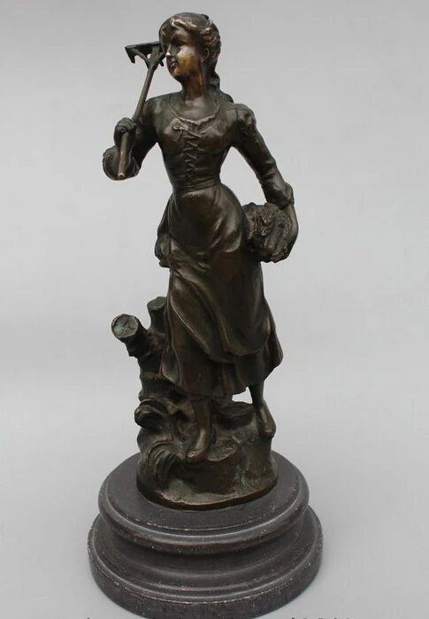 

14"Western Art sculpture Bronze Marble Women Girl Belle Pick vegetable Statue
