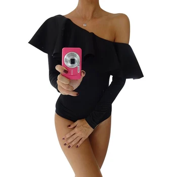 Elegant Ruffle white Long Sleeve sexy bodysuit Women jumpsuit romper one-piece bodycon Black women overalls Skinny bodysuits