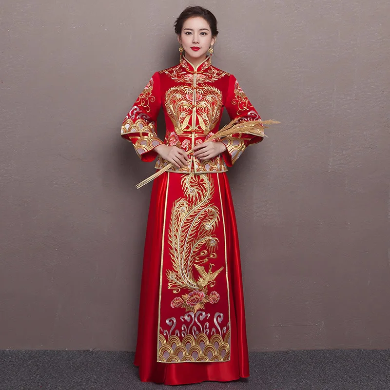 Китайское традиционное платье красный с длинным рукавом Cheongsam вышивка Qipao восточные платья свадебные приглашения халат Дракон костюм